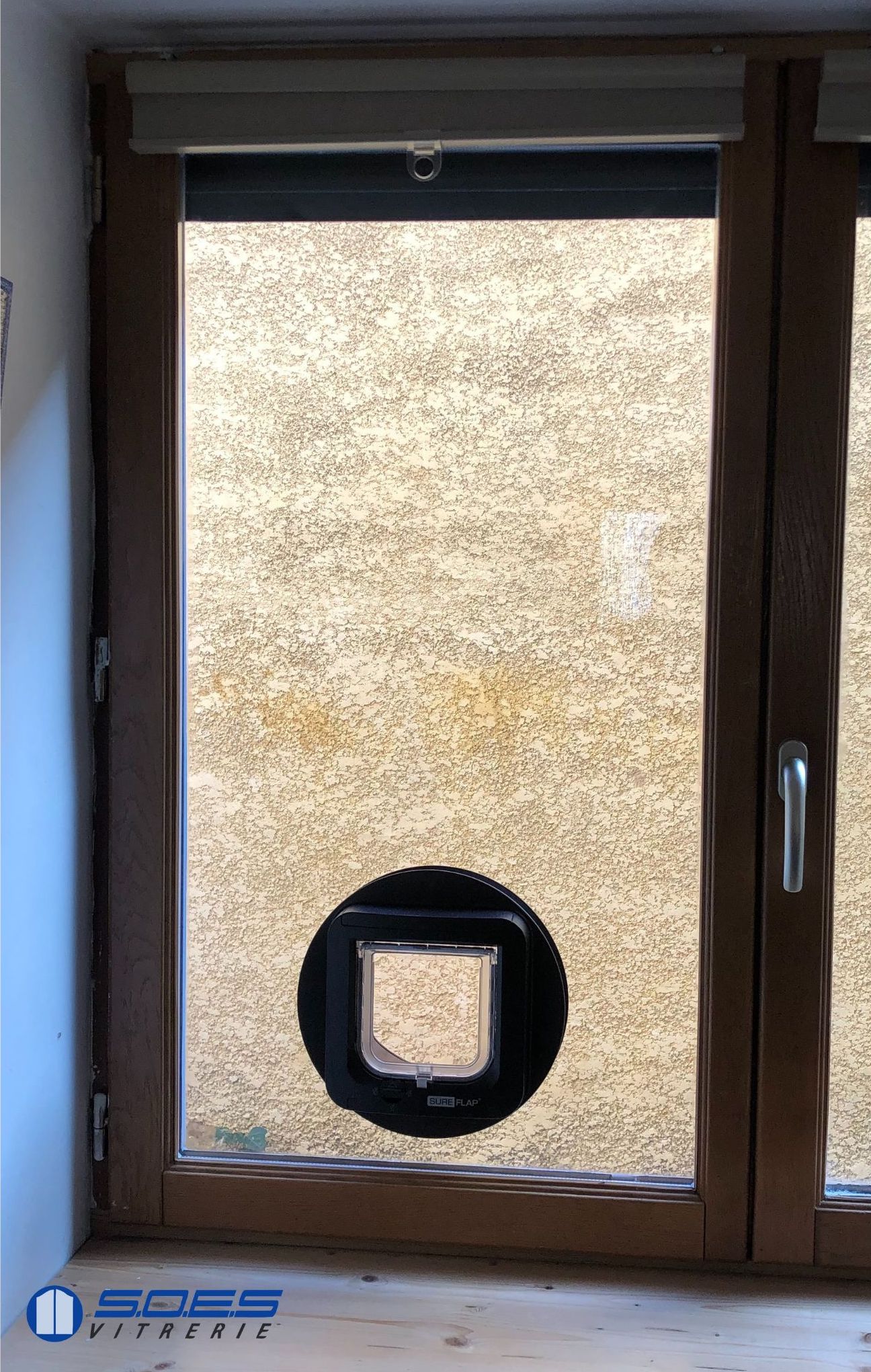 Chatière SureFlap noire installée sur une fenêtre en double vitrage