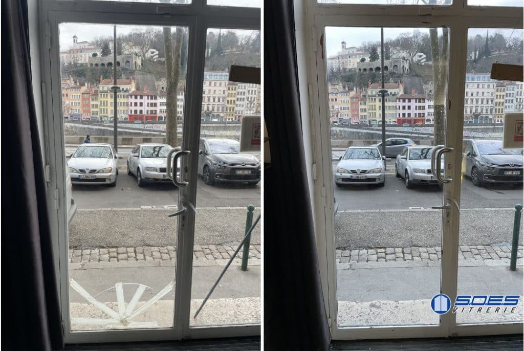 Avant/après bris de vitre sur porte acier à Lyon 1er